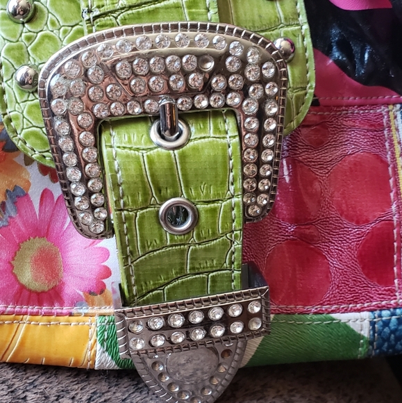 Patchwork multi texture Lime green pink leopard great condition handbag - Picture 12 of 15